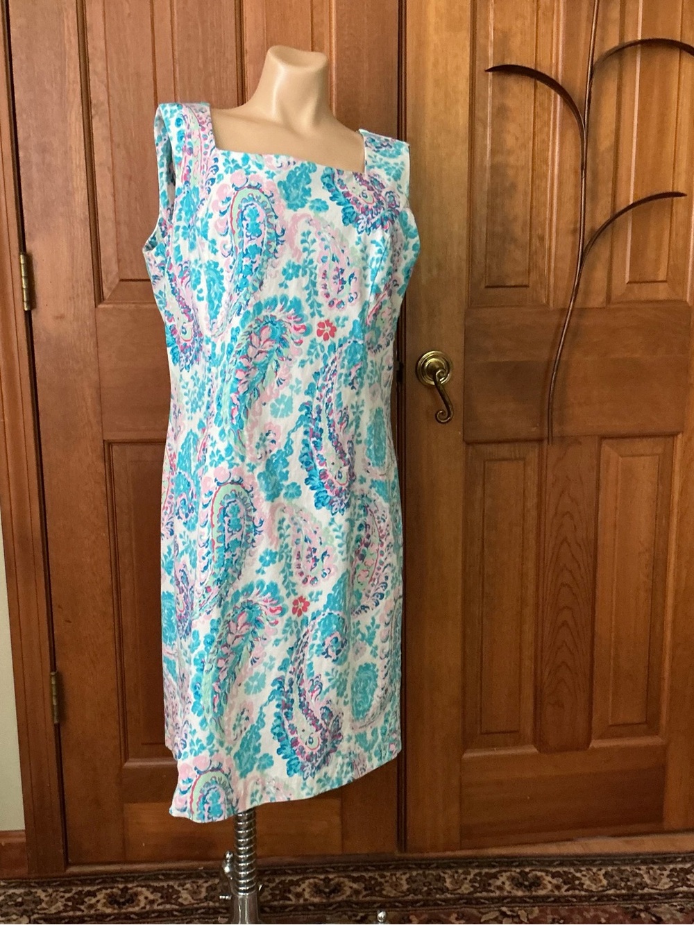 Talbots sleeveless Paisley Shift Dress in Aqua & Pink